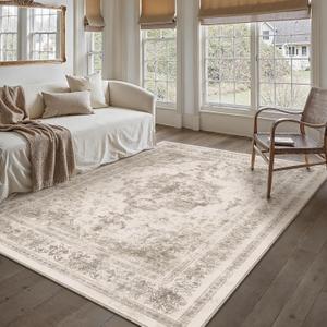 Area Rug 6x9 Beige Washable Living Room Carpet Non Slip Vintage Medallion Indoor Bedroom Carpet Low Pile Soft Retro Distressed Large Rug Home Office Dining Room Playroom