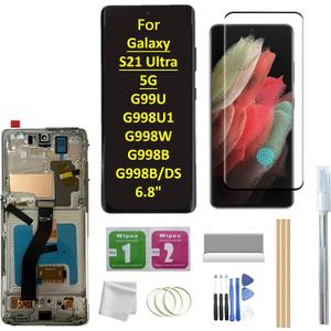 OLED Screen for Galaxy S21 Ultra LCD Screen with Frame Replacement for Samsung Galaxy S21 Ultra 5G G998U G998U1 G998W G998B G998B/DS 6.8" LCD Screen Display Touch Digitizer with Frame+Tool (Silver)