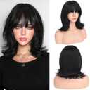 Haloo Black Short Bob Wigs with Bangs Shoulder Length Wavy Layered Flipped Ends Natural Looking Medium Synthetic Hair Wig for Women Daily Party, 14 Inch Natural Black