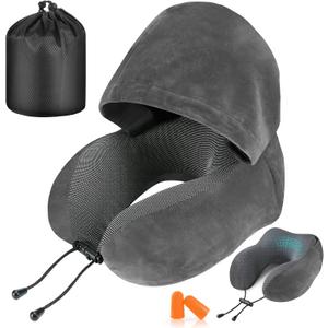 Travel Pillow, Neck Pillow for Travel with Hood for Airplane, Velvet Memory Foam Neck Pillow Adult Head & Neck Support, for Long Flights Plane, Office, Cars Sleeping & Rest (Grey)