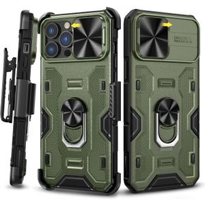 Caka for iPhone 13 Pro Max Case, iPhone 12 Pro Max Case with Kickstand & Belt-Clip Holster Camera Cover with Built-in 360 Rotate Ring Stand Magnetic Case for iPhone 13 Pro Max/12 Pro Max -Green