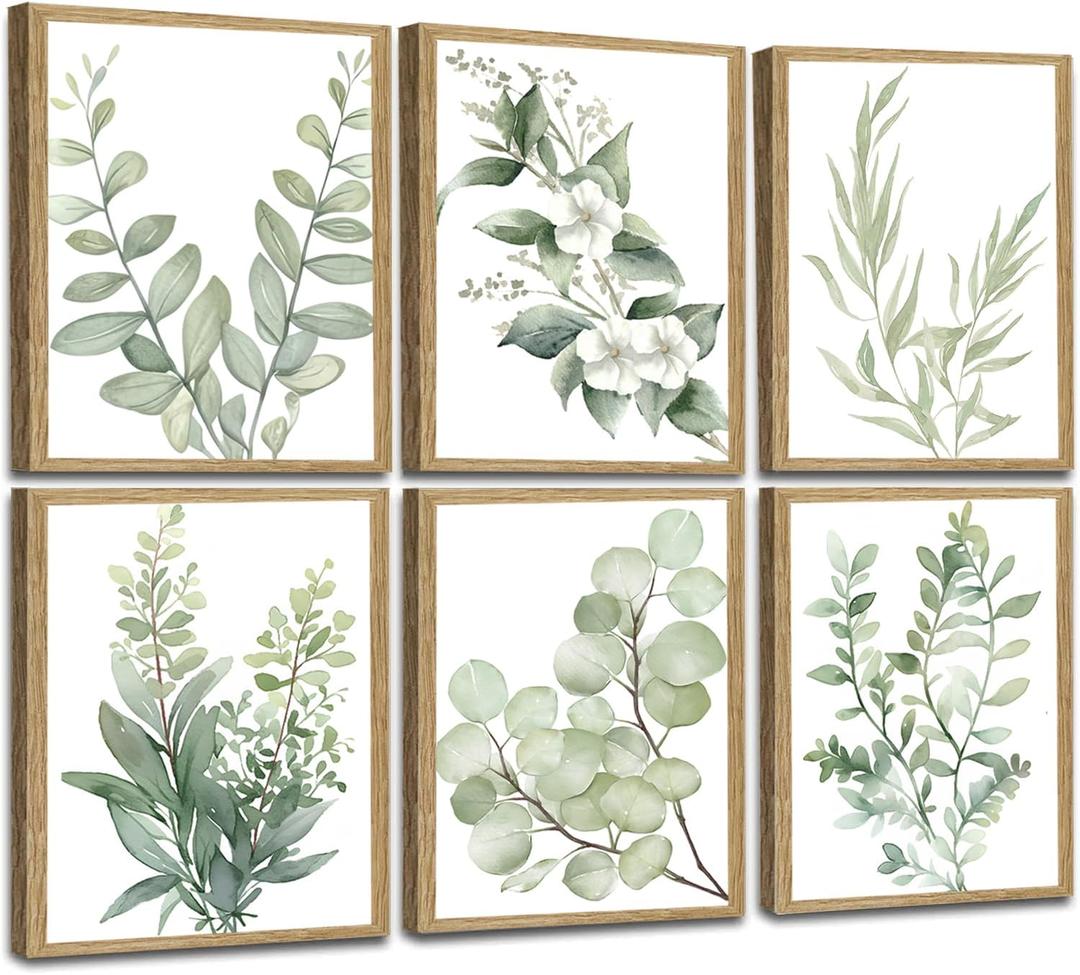 Induslyfe Framed Eucalyptus Sage Green Botanical Plant Wall Art Canvas Decor Set Of 6, Leaves Wall Art Prints Posters Art, Eucalyptus Decor Flower Wall Art For Bathroom Bedroom Living Room Decor 9x12