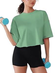 Boxy Cropped Tees for Women Cotton Loose Crop Tops Drop Shoulder Roll Hem Workout Tops, Medium