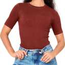 BAMBOO COOL Women's Seamless Tight T-Shirts Slim Fit Basic Ribbed Tees Short Sleeve Crew Neck Top (M)