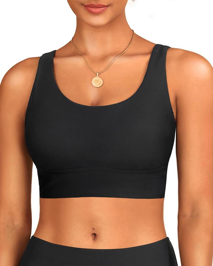 Yonique Women Sports Bra Bikini Top Swim Bra Athletic Swim Top Scoop Neck Bathing Suit (Small, Black)