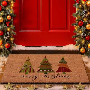 Lanpn Christmas Welcome Natural Coir Door Mat, Christmas Tree Coco Front Door Outdoor Doormat Outside Entrance Porch Non Slip Rubber Rug Winter Xmas Farmhouse Decor (Brown, 30x17 inch) (1'5" x 2'6" (Rectangular))