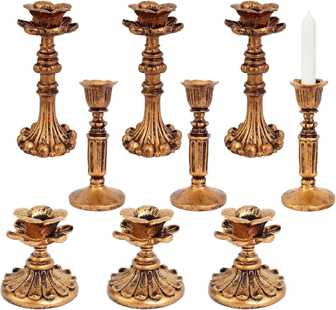 9 Pcs Vintage Candlestick Holders Bronze Floral Decorative Candlesticks Retro Antique Taper Resin Candle Holder for Table Centerpieces Anniversary Wedding Home Fireplace