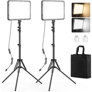 2 Pack LED Video Light with 63'' Tripod Stand, Kmasic 2500-8500K Dimmable Photography Lighting Kit,15W Soft Studio Lighting for Video Recording/Filming/Game Streaming/YouTube/Podcast, USB Charger