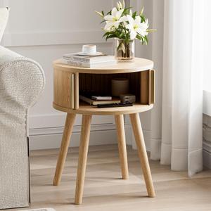 Side Table with Sliding Door & Cabinet, End Table for Living Room, Night Stand for Bedroom, Modern Bedside Table with Solid Wood Legs, Natural