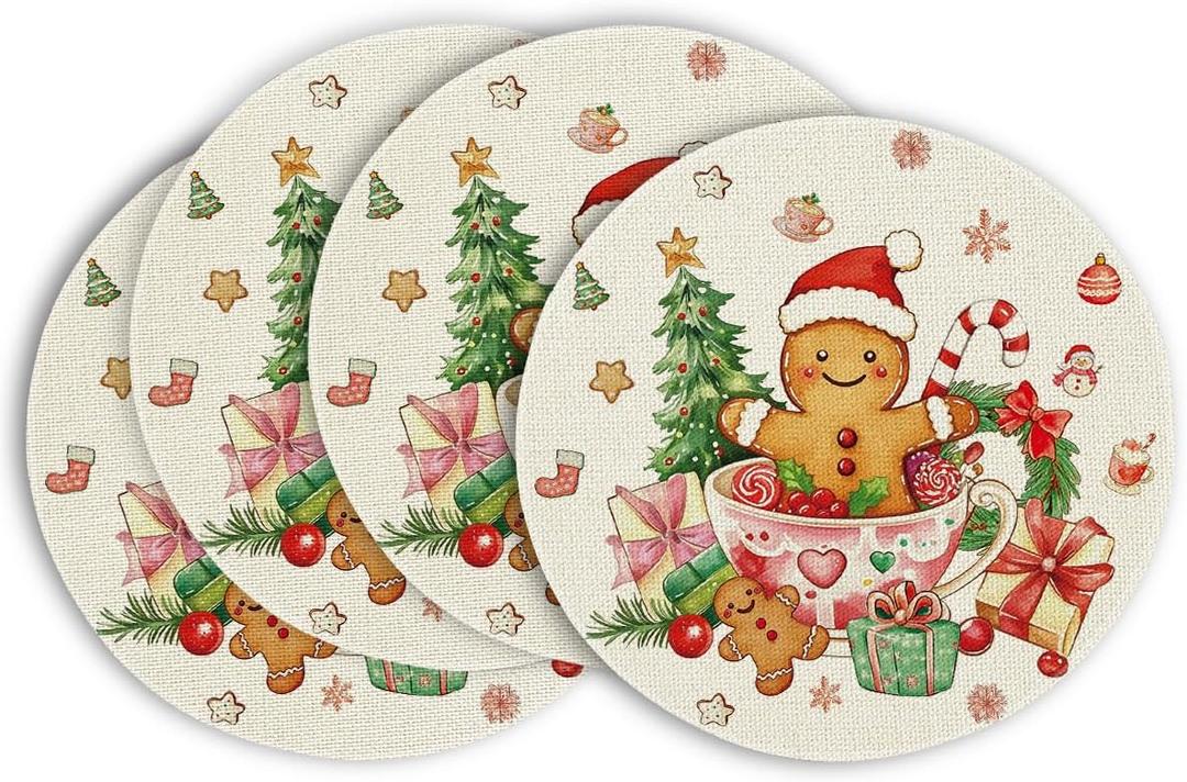 Artoid Mode Gingerbread Gifts Round Winter Placemats Set of 4, 14 Inch Christmas Place Mats for Gift Party Table Dining Decoration