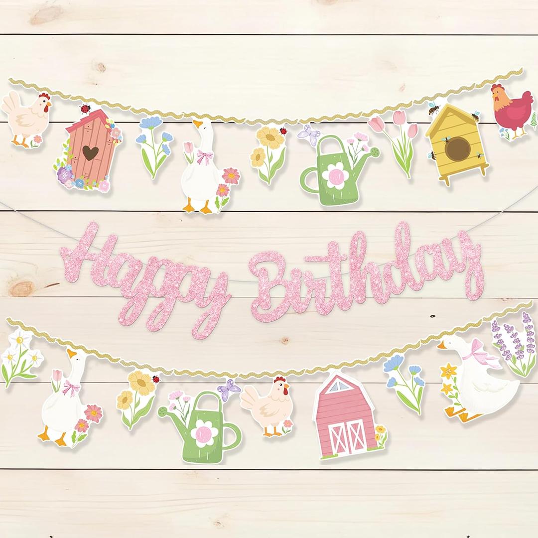Pink Glitter Farm Themed Happy Birthday Banner Set - Goose Chicken Barn Garland One Silly Goose Birthday Decor Girl Tea Party Decorations for Spring Garden Farm Animal Birthday Party Supplies