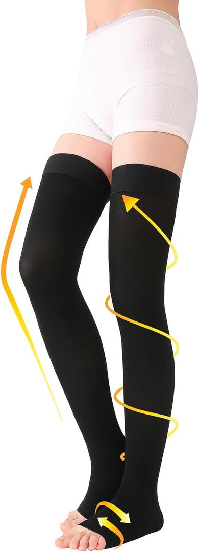 TOFLY Thigh High Compression Socks for Women & Men (Pair), Open Toe, Opaque, Firm Support 30-40mmHg Graduated Compression Hose, Medical Compression Stockings for Varicose Veins, Edema, DVT, Black XXL