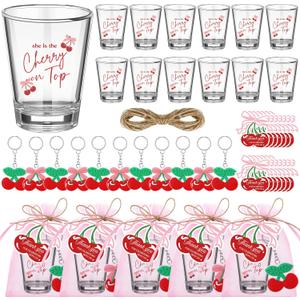 Roshtia 36 Set Cherry Bow Baby Shower Favors for Guests Clear Acrylic Shot Glasses Thank You Tags Keychains Organza Bags Supplies for Girl Gender Reveal Favor