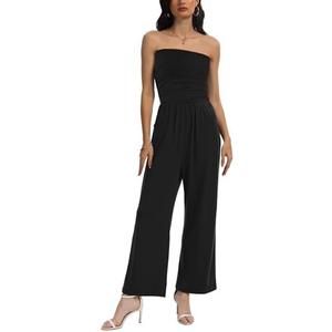 STOLKISS Women’s Tube Top Jumpsuits Strapless Belted Wide Leg Bustier Jumpsuit Backless Baggy Long Pants Rompers with Pockets,S