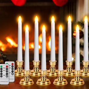 Daord LED Flameless Flickering Taper Candles with Remote & Timer Warm Light Battery Operated Christmas Window Candle for Wedding Party Holiday Home Table Decoration (9 Packs,White+Gold Holder(A))