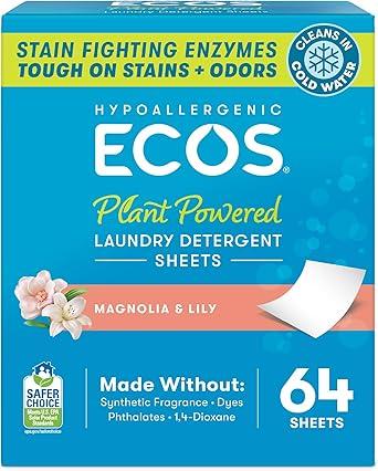 ECOS Laundry Detergent Sheets Vegan, No Plastic Jug, No Mess & Liquid Free - Laundry Sheets in Washer - Hypoallergenic, Plant Powered Laundry Detergent Sheets - Magnolia & Lily - 64 Sheets (Pack of 1)