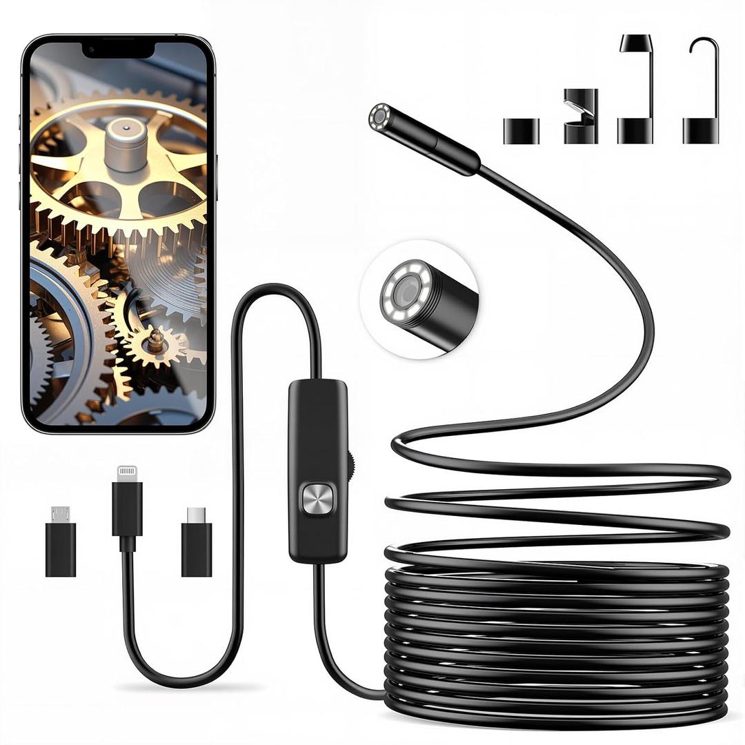 Endoscope Camera with Light, Single-Lens 1920P HD Borescope with 8 Adjustable LED Lights, Endoscopic Visualizer for iPhone & Android, 16.4ft Semi-Rigid Boroscope Inspection Tool (Black)