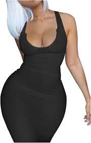 MOEENCN Sexy Bodycon Tank Dress for Women Summer Sleeveless Ribbed V Neck Basic Club Maxi Dresses Black S