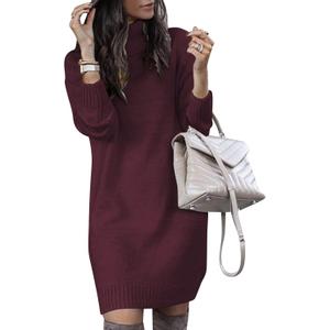 SENFURE Women Turtleneck Sweater Dress Oversized Long Sleeve Knit Pullover Fall Sweater Short Dresses (Medium, Burgendy)