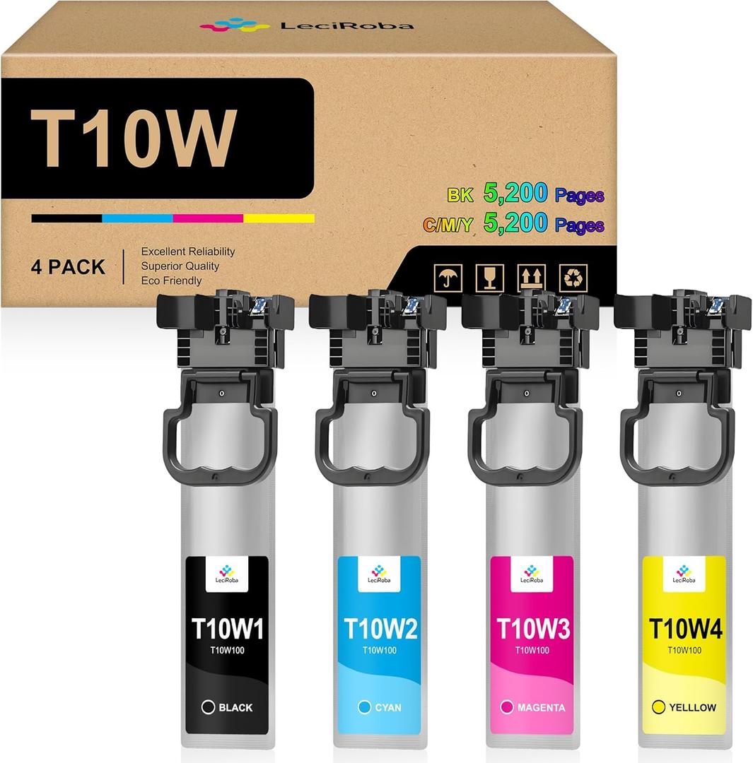 LeciRoba Remanufactured T10W Ink Cartridge Replacement for T10W100 T10W200 T10W300 T10W400 T10W Ink Cartridge Set for Pro WF-C5390 WF-C5890 Color Printer (4-Pack, Black Cyan Magenta Yellow)