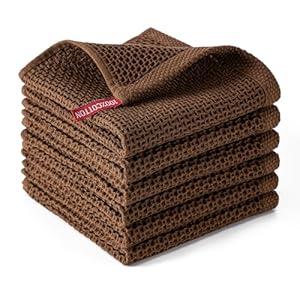 BOOMIBOO 6-Pack Kitchen Dish Cloths, 100% Cotton Waffle Weave, Ultra Soft Absorbent, Quick Drying Dish Towels, 12x12 Inches, Dark Brown