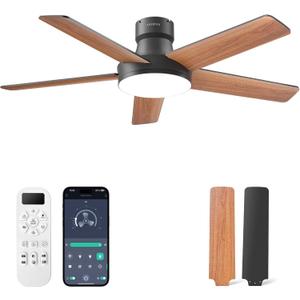 Ceiling Fans with Lights, 44 Inch Low Profile Ceiling Fan with Light and Remote, APP, 6 Speed, Dimmable LED, Reversible DC Motor, Timer, Black Flush Mount Ceiling Fan for Bedroom Living Room