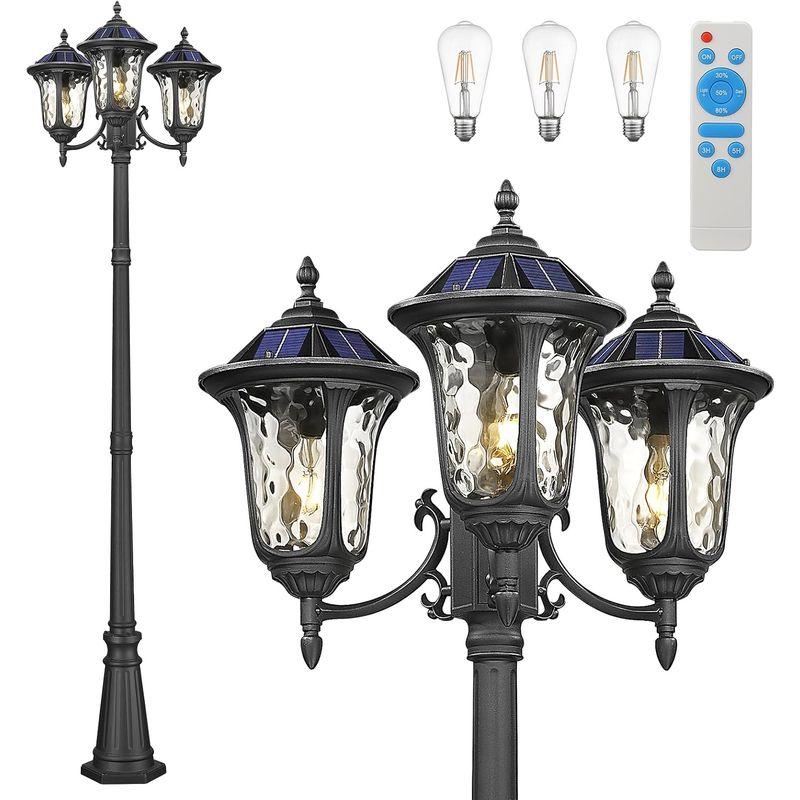 3-Head Outdoor Solar Lamp Post Lights with High Posts, Dusk to Dawn Remote Control Waterproof Exterior Pillar Lantern 3 Lighting Mode Modern Street Light for Garden Walkway