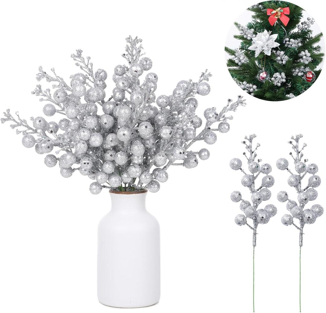 2 x Haneye 14 Pack 7.8 Inch Christmas Sliver Berry Stems for Christmas Tree, Glitter Berry Picks, DIY Wreaths, Crafts, Home & Wedding Decorations