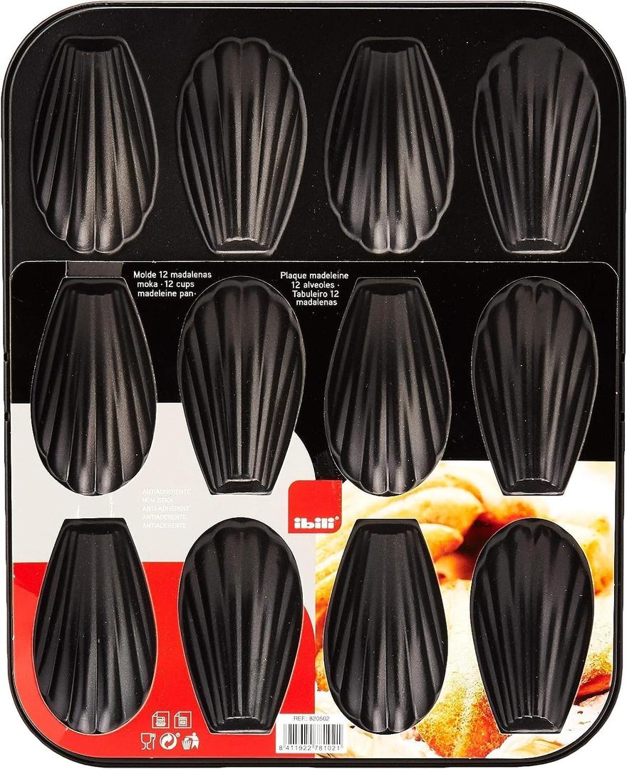 IBILI Madeleine Pan  12-Cup Non-Stick French Bakeware | Made in Spain | 12-Cavity Shell Shape Madeleine Cake Pan, Carbon Steel for Perfect Madeleines, Warp-Resistant, Quick Release, Food-Grade