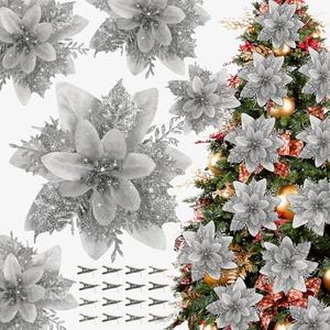 16 PCS Poinsettia Flower Artificial Poinsettia Christmas Decorations Glitter Poinsettias Christmas Ornaments Christmas Tree Flower Decorations with Clips DIY Xmas Wreath Holiday Weed Home Party Decor, Silver