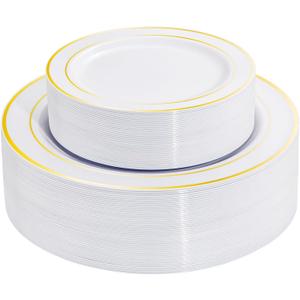 I00000 60 Pieces Gold Plastic Plates, Heavy Duty White and Gold Plastic Plates for 30 Guests Include: 30 Gold Rim Dinner Plates and 30 Gold Dessert Plates Perfect for Wedding & Party