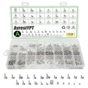 AvrestYPT 1110Pcs 304 Stainless Steel Metric Micro Screws Nuts Assortment, M1 M1.2 M1.4 M1.6 M2 M2.5 Sizes, Phillips Pan Head, Fully Threaded Kit for Arduino, RC Models, Electronics, DIY Projects