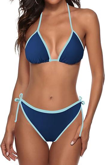 Zonsaoja Women String Bikini Halter Side Tie Two Piece Swimsuit Color Block Triangle Bathing Suits (Small)