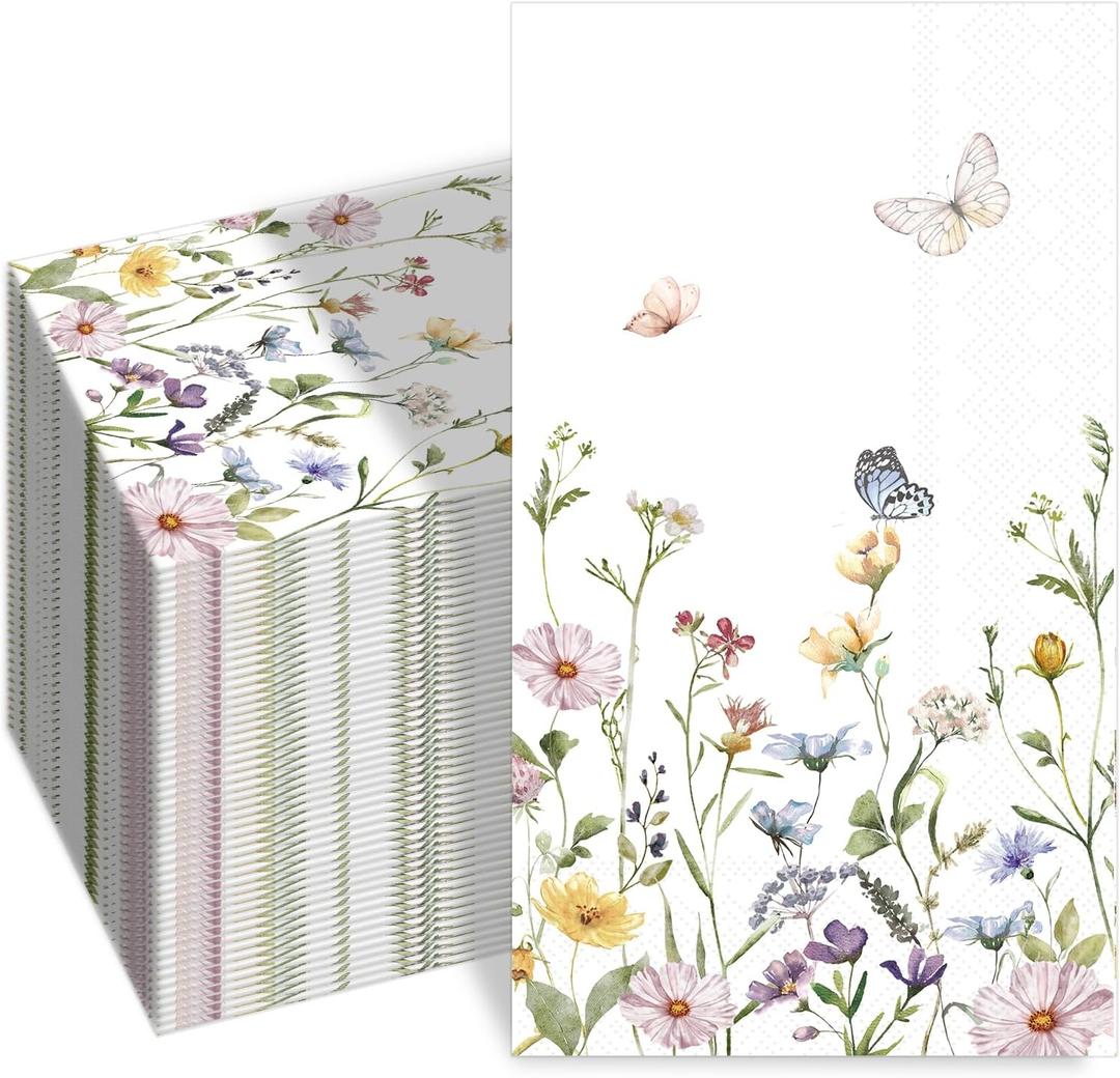 100 PCS Floral Disposable Napkins, 3 Ply Dinner Napkins Summer Wildflower Decorative Paper Guest Napkin for Family Party, Wedding, Birthday, Home Kitchen Dining Table Decor 7.9 x 4.3