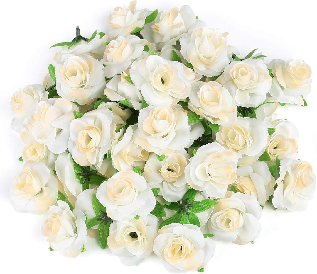 Kesote 50pcs Mini Cream White Roses Artificial Flowers Bulk, 1.6" Small Silk Fake Roses Flower Heads for Crafts, Decoration, Wedding Centerpieces Party Home Decor