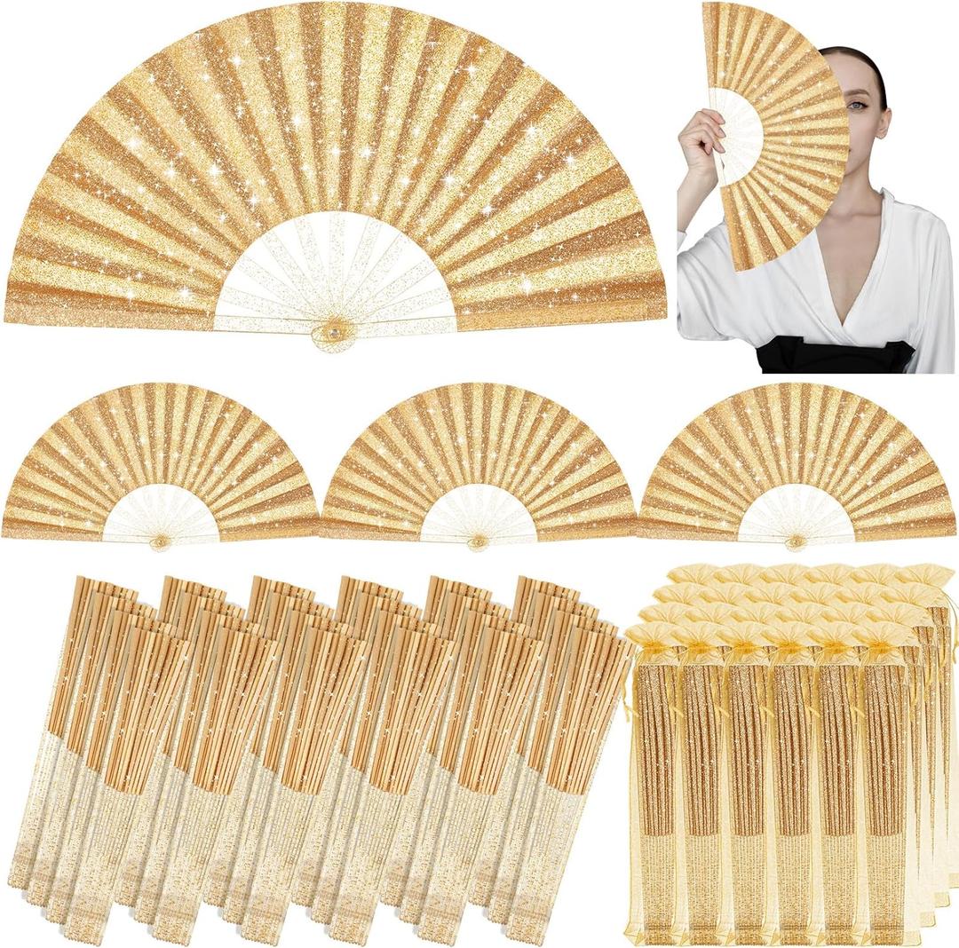 24 Pcs Large Folding Hand Fans for Line Dancing, Boots on The Ground Fan with Bag Clapping Popping Raves Fans Bulk for Wedding Festival Edm Club Party Decoration (Gold)