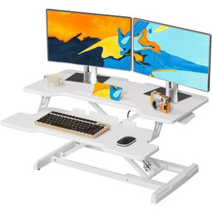 Standing Desk Converter 32 inch, Height Adjustable Sit Stand Desk Riser, Quick Sit to Stand Tabletop Dual Monitor Riser Workstation for Home Office with Keyboard Tray, White