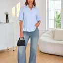 MAKABO Womens Summer Tops Dressy Casual Blouse Top Ruffled Short Sleeve Button Down Striped Shirt (Blue, M)