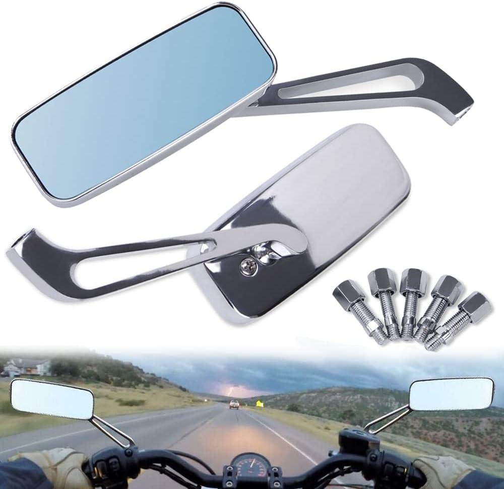 Motorcycle Rear View Mirror 8mm/10mm Rectangle Chrome Square Convex Smoke Blue Glass Handlebar Side Mirrors, Fit for Harley Honda Suzuki ATV Scooter Bobber Cruiser Chopper