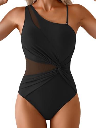 Aidonger One Shoulder One Piece Swimsuit for Women Mesh Tummy Control Bathing Suit Twist Swimwear with Removable Strap Black M