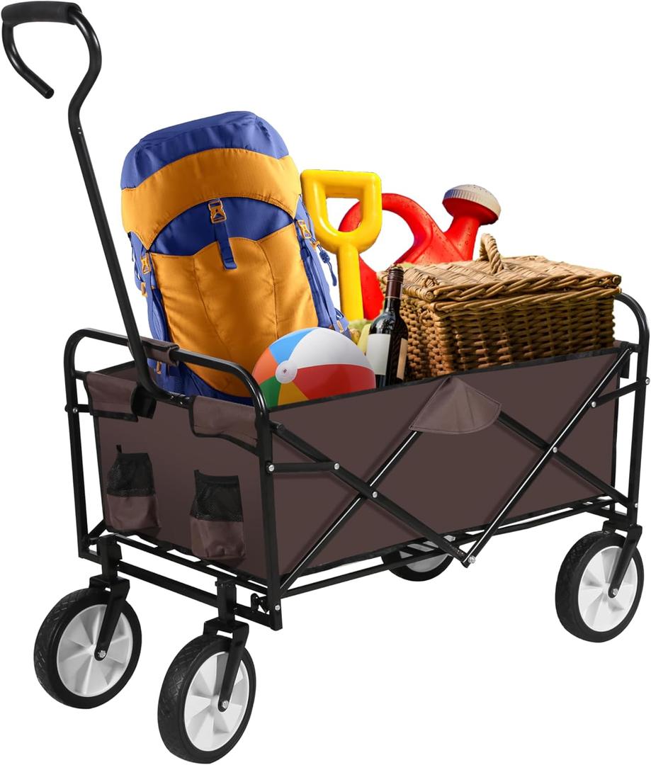 YSSOA Rolling Collapsible Garden Cart Camping Wagon, with 360 Degree Swivel Wheels & Adjustable Handle, 220lbs Weight Capacity,Brown