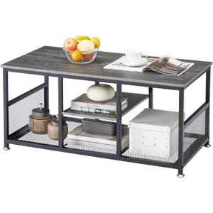 VECELO Coffee Center Table with Storage for Living Room Office Reception, Industrial Mesh Shelf, 39.4 Inch, Charcoal Grey