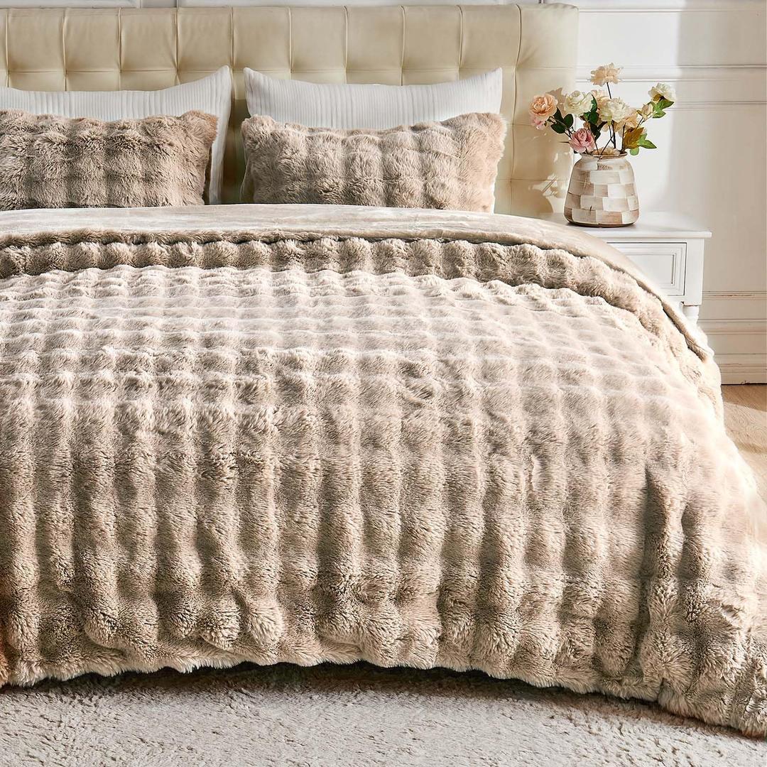 Lotus Karen Fluffy Comforter Cover Set - Rabbit Fluff Faux Fur Linen Duvet Cover Full Size Plush Fuzzy Furry Bedding Sets 3Pieces(1 Duvet Cover & 2 Pillow Shams) Zipper