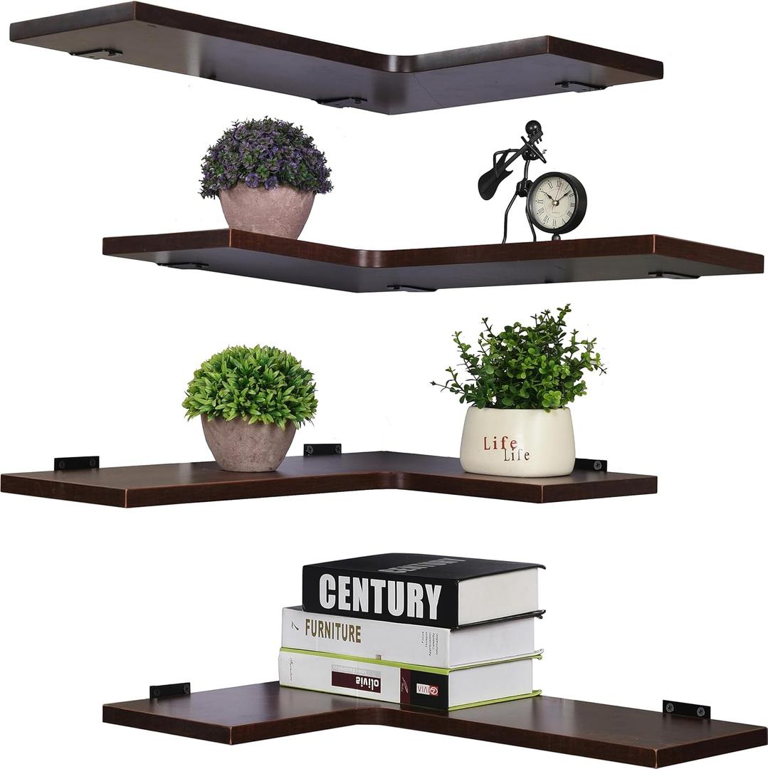 22 Inch Corner Shelf Wall Mounted, Corner Floating Shelves for Wall, Set of 4 Dark Brown