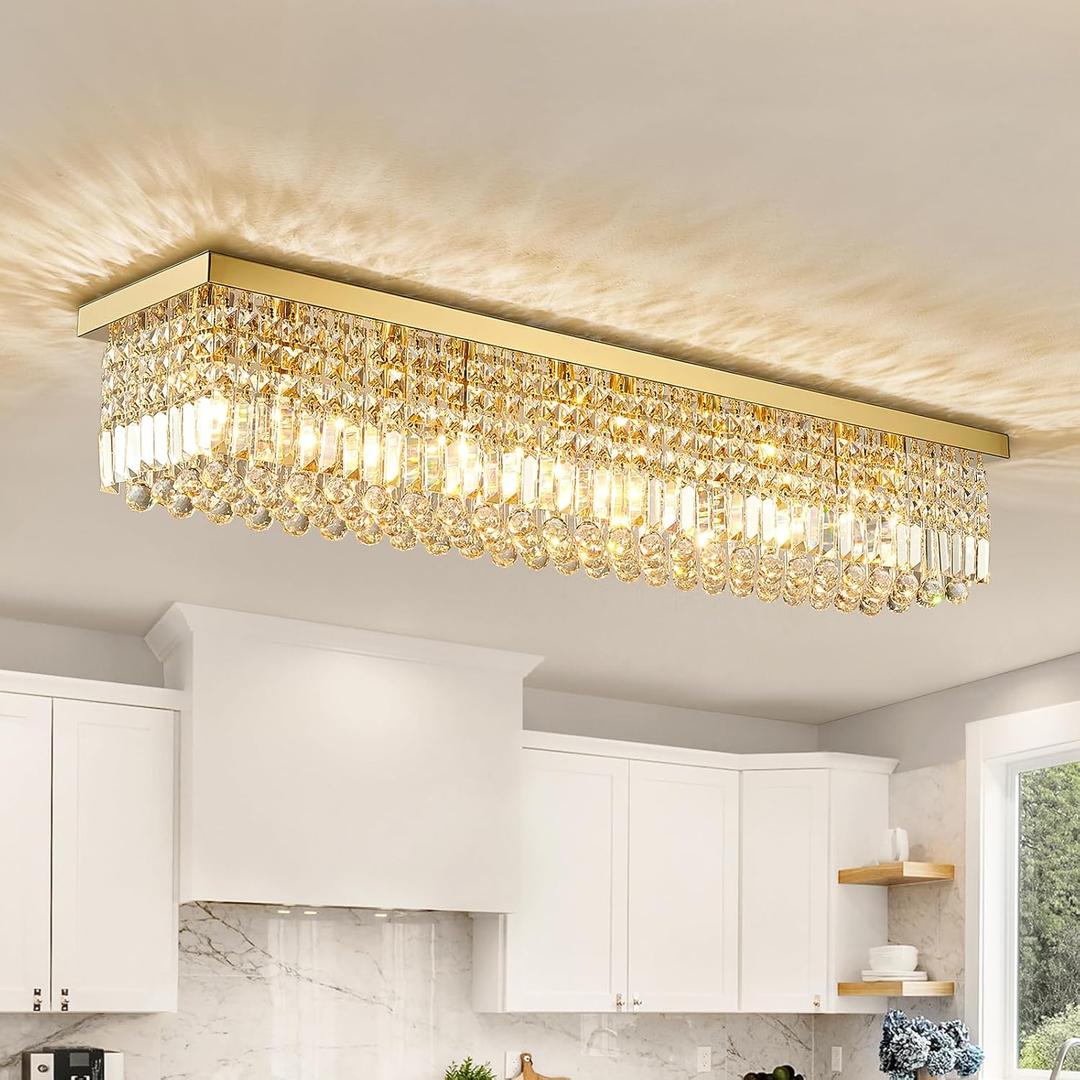 Siljoy 10-Light Modern Crystal Chandelier, Luxury Gold Rectangular Flush Mount Ceiling Light, Large Rectangle Raindrop Chandelier for Living Dining Room Kitchen Island Bar L47'' x W10'' x H10''