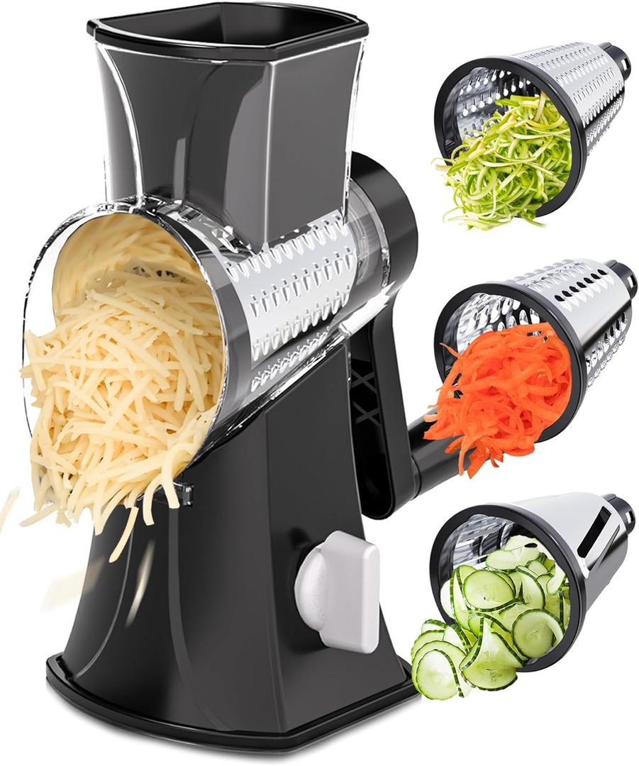 Rotary Cheese Grater Hand Crank, Cheese Shredder/Slicer/Chopper with Large Caliber and Strong Suction Base, 3 Blades for Potatoes/Nuts/Vegetables, Easy to Use Clean for Home (Black-1a)