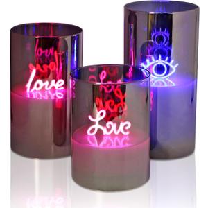 Black Glass Flameless Pillar Candles,LED Fake Candles Battery Operated Set of 3(Love and Eye)