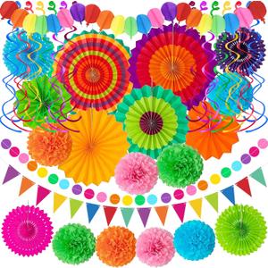 33Pcs Fiesta Decorations Cinco De Mayo Decorations Multi-Color Paper Fans Garlands Pennant Pom Poms Hanging Swirls For Birthday Wedding Rainbow Mexican Party