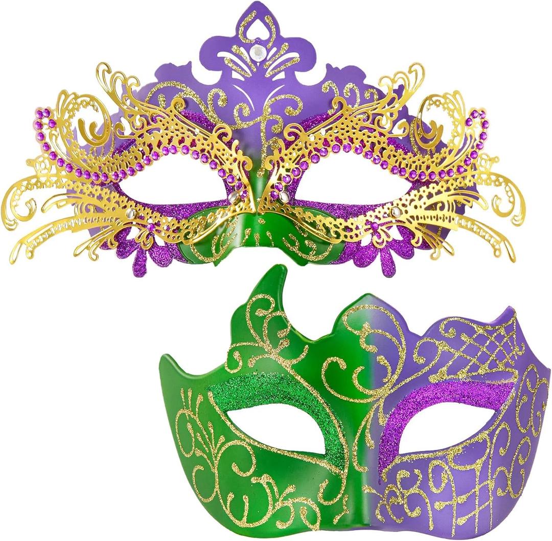 2025 Masquerade Masks for Couples, Shiny Rhinestone Metal Filigree Venetian Mask & Mens Venetian Mask for Mardi Gras