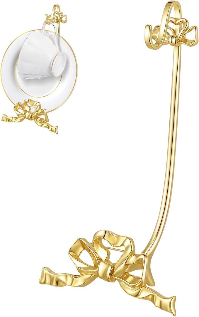 Reallnaive Brass Tea Cup and Saucer Display Stand Vintage Bow Teacup Holders Plate Stand Mug Hooks Classic Durability Countertop Storage for Cabinet Kitchen Counter Bar(4.92 x 7.68 x 2.17 Inches)